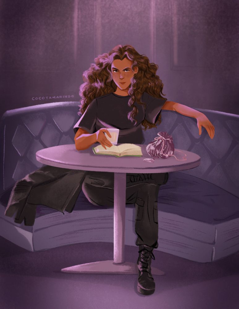 Hermione Granger sits by herself in a booth at the club. The club is dim but for the low purple light overhead. She has an ankle crossed over her knee & looks completely relaxed. (Description from fanfic: “Her signature wild and unruly brown curls were at full-strength, riotously spilling over her shoulders and down her back. The size of her hair was particularly odd when compared with the size of Granger herself as she was a petite sort of witch, though Draco couldn’t recall exactly how short she was and it was impossible to tell when she was seated. Granger wore a loose-fitting black tee tucked into black cargo pants that sported a comical abundance of pockets. On her small feet were a pair of hiking boots or combat boots, Draco couldn’t be sure (or bothered to know the difference). Tossed carelessly on the table was a black leather motorcycle jacket and a small purple beaded bag that didn’t match anything else Draco noticed.”) 