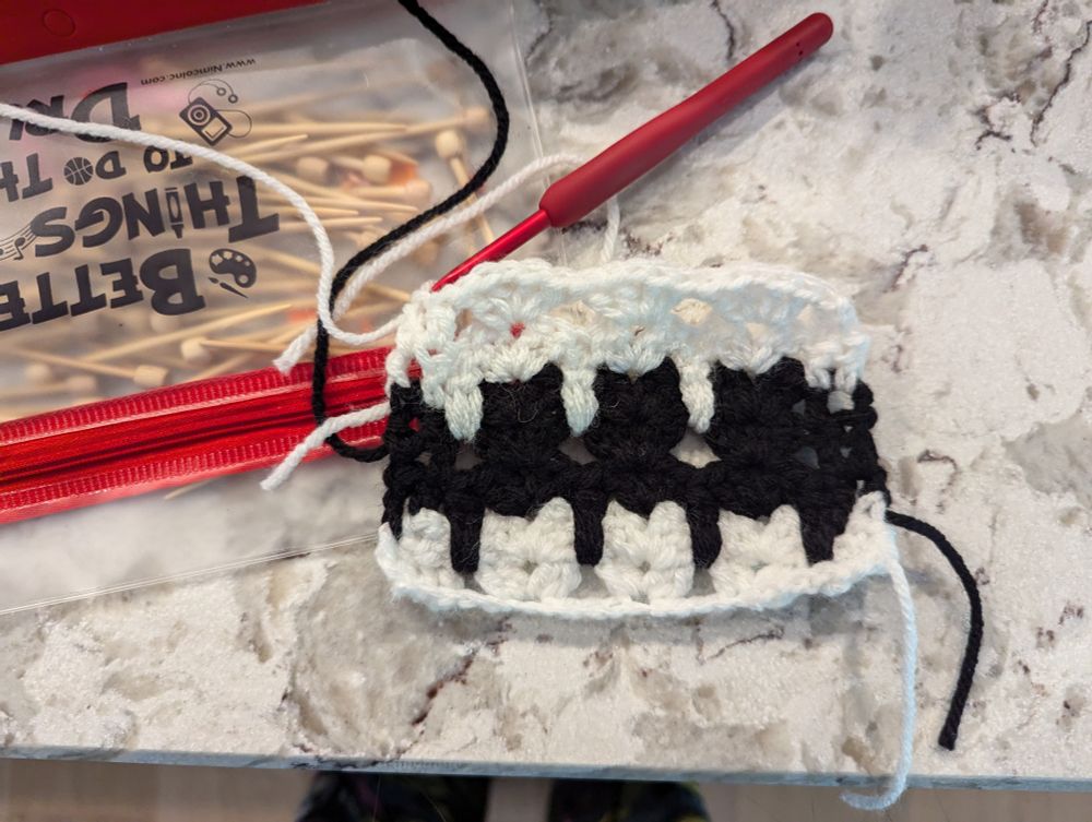 A small swatch using the cat switch. There are rows of white and black that alternate to make what looks like cats 