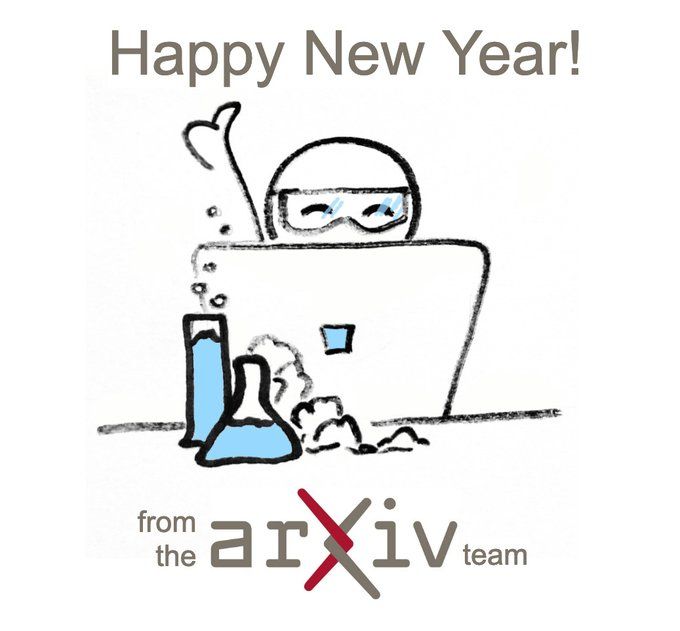 Drawing of a scientist giving a thumbs up from behind a laptop and some beakers, saying happy new year from the arXiv team.