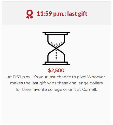 A graphic of an hour glass and text describing a Giving Day challenge: the last gift of the night wins an extra $2,500.
