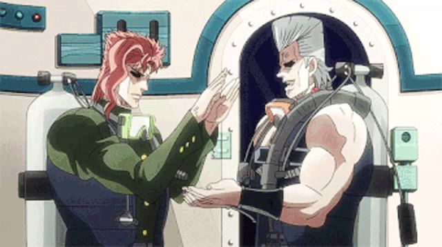 a man with red hair is giving a high five to another man with gray hair