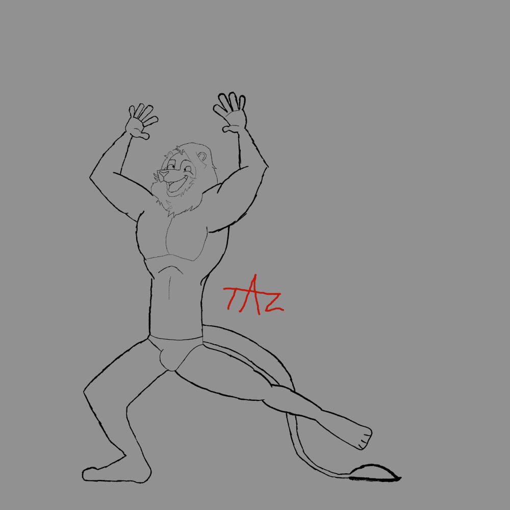 A goofy lion (Henry) dances clumsily in a pair of briefs with one leg kicked out and his hands in the air.