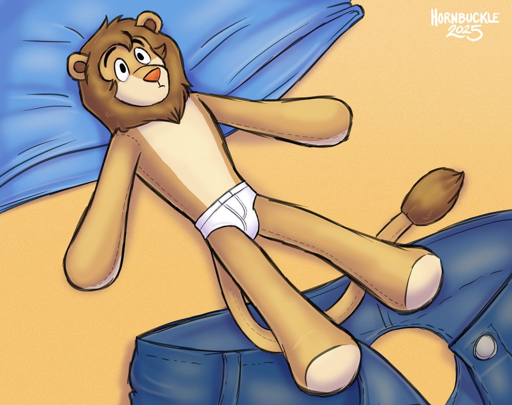 Furry art commission. A plush doll of an anthro lion lies on the ground. It has a blank expression, and its arms and legs are featureless nubs with the stitching visible. The doll is not wearing any clothes except for a pair of white briefs but its head is lying on a blue shirt and its legs and tail are on top of a pair of pants with a large tailhole in the seat.