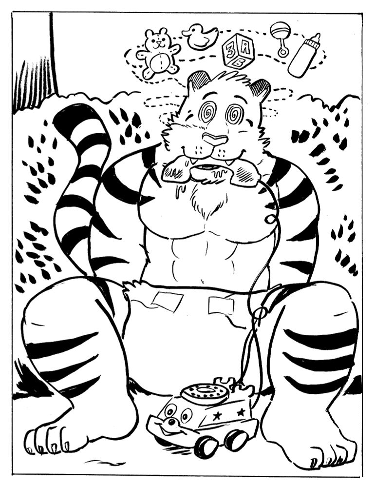 Furry art commission: Part 3 of 3. Raniero now sit on the ground with wide spiral eyes and a docile expression. The baby powder has made him naked except for the diaper, and his cell phone has transformed into a toy rotary phone with a face. He chews on the toy receiver and drools all over it. Babyish images spin around his head, namely: a teddy bear, a rubber ducky, an alphabet block, a rattle, and a bottle. The illustrator's fursona has fled the scene.