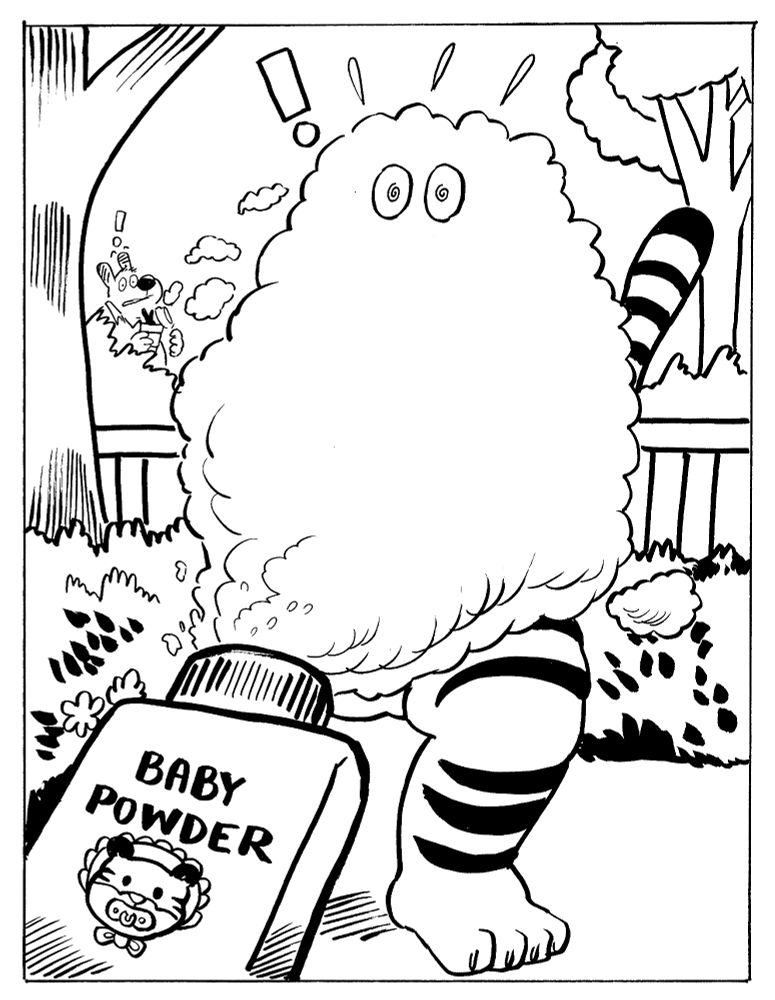 Furry art commission: Part 2 of 3. Raniero's body except his foot and the end of his tail are obscured by a cloud of baby powder coming from a container labeled "Baby Powder" as the illustrator's fursona jolts in terror. The baby powder bottle has a mascot face on it: a tiger wearing a bonnet with a pacifier in its mouth. Raniero's eyes are wide, visible through the cloud of powder, but have become spirals. His shoe has fully disappeared due to the baby powder's effects.