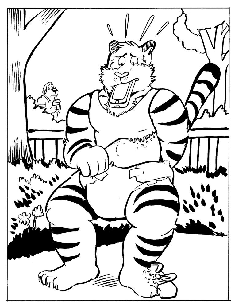Furry art commission: Part 1 of 3. A tiger jogger (Raniero) looks down in distress as he finds himself suddenly wearing a diaper as his regular jogging attire dissolves off of him. A beagle (the commissioned artist's fursona) looks on in confusion from the other side of a rail. Raniero holds his phone in his mouth as he struggles to pull the diaper off, and the beagle holds a coffee.