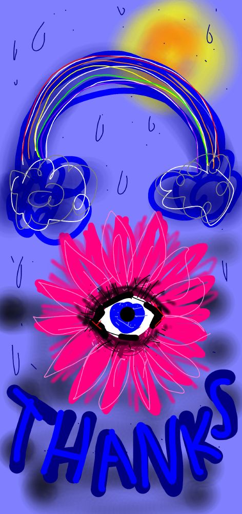doodle of a "blue sky" with a pink flower and the word 'thanks'