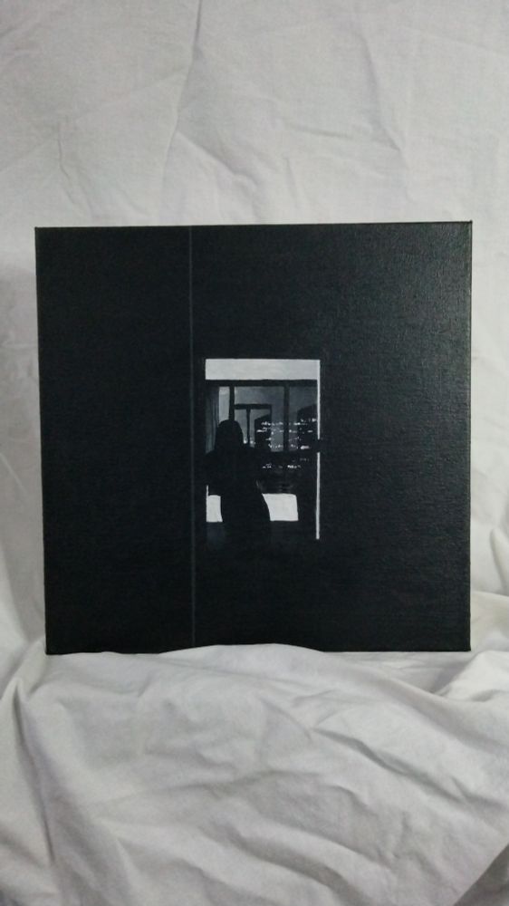 Painting of a mirror selfie taken in a doorway (night).
