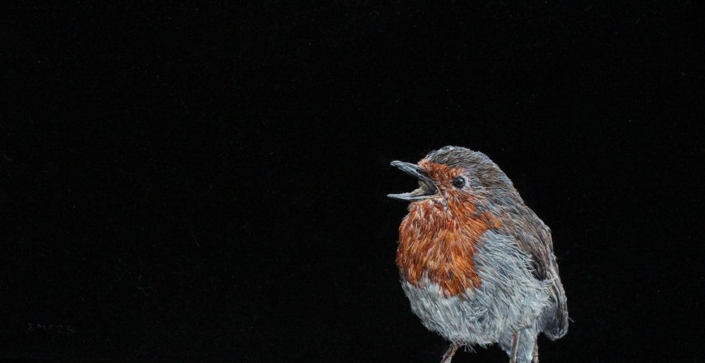 Close up on a hand embroidered singing Robin on black fabric background 