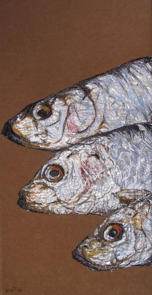 Three hand fish heads stretching across a long thin rectangular portrait artwork on a tan coloured fabric background 