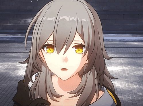 a girl with long grey hair and yellow eyes