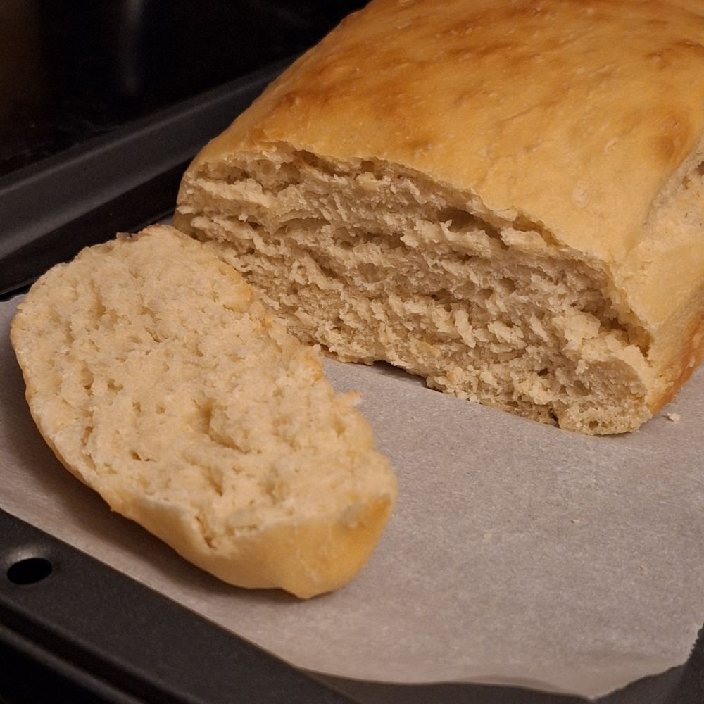The end of a freshly baked loaf of bread is cut off the reveal the dense but fluffy interior. Apparently I should've listened to the recipe about the right type of yeast instead of using what I had on hand already 🙃