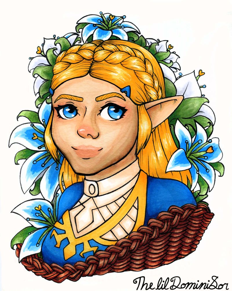 A drawing of Zelda from Breath of the Wild, surrounded by a bouquet of silent princess flowers. 