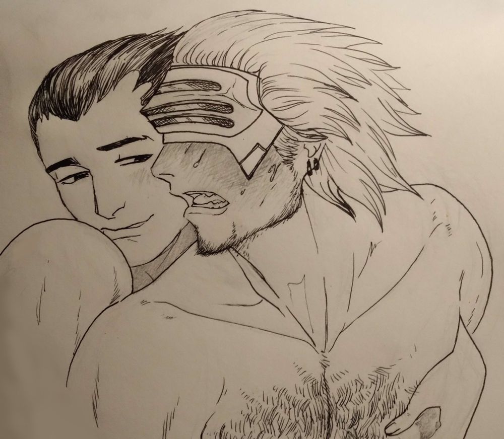 A traditional drawing of Phoenix Wright and Godot from Ace Attorney, framed from the chest up. Godot's chest is thrust towards the viewer as he turns his head to look back over his shoulder, his face flushed and mouth agape, as Phoenix leans against his back, eyes flicked towards Godot's face ,with half-lidded eyes and a gentle but somewhat triumphant smile. Both are naked, and only one of Phoenix' hands is visible in the image--squeezing one of Godot's puffy nipples, so it's heavily implied Phoenix is penetrating him while reaching around his body to jerk him off just out of frame. 