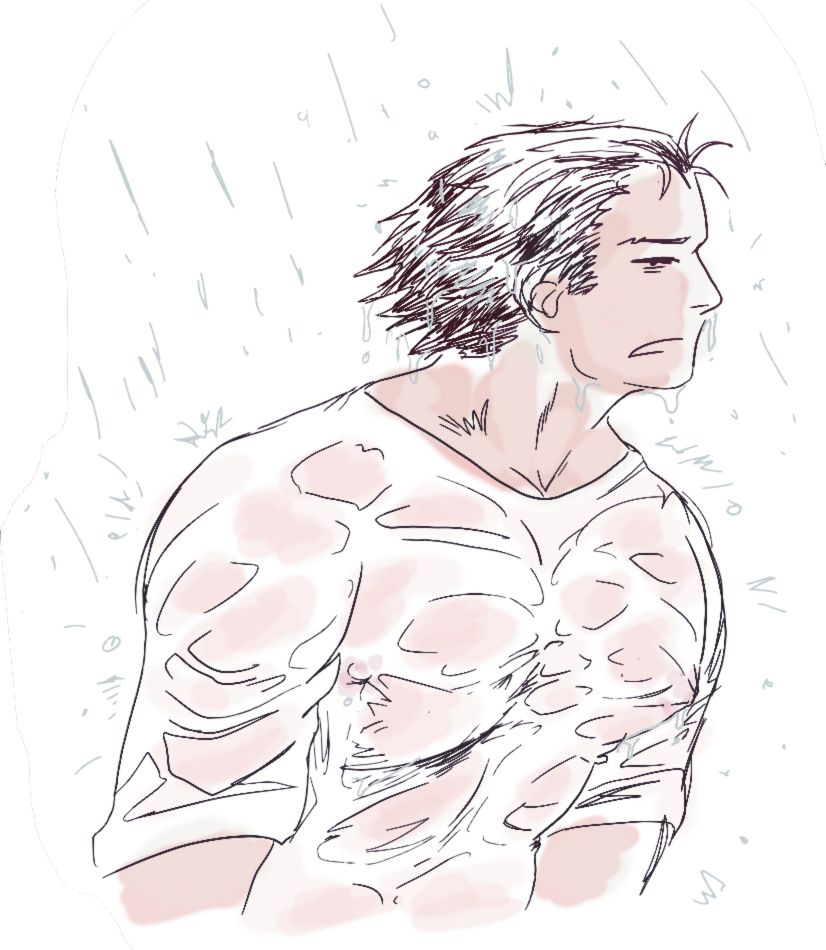 A suggestive digital drawing of Phoenix Wright from Ace Attorney framed from the waist up. He's hunched over with an exasperated expression, his eyes closed and his mouth hanging open in a sigh. It's raining heavily and he's become absolutely soaked, his spiky hair is drooping and dripping water. Better yet, he's wearing a white t-shirt which has become almost completely transparent in the rain, clinging to his peachy flesh and showing his smooth skin and hard pink nipples through the tight areas in the fabric, the bunched up folding areas opaque white. He's muscular but with a decent layer of body fat, making his body smooth and plush, especially his full pecs. 