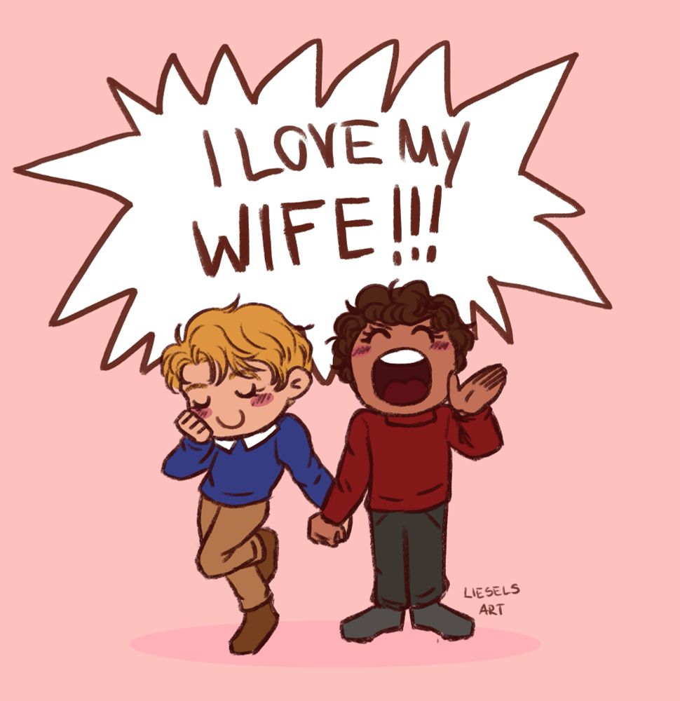 Alex and jene from red white and royal blue. They are holding hands and Henry is wearing a pleased smile while Alex yells ‚I LOVE MY WIFE!!!‘
