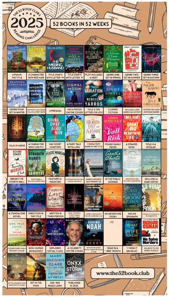 the 52 book club tracking graphic filled with book covers for each prompt except #46.