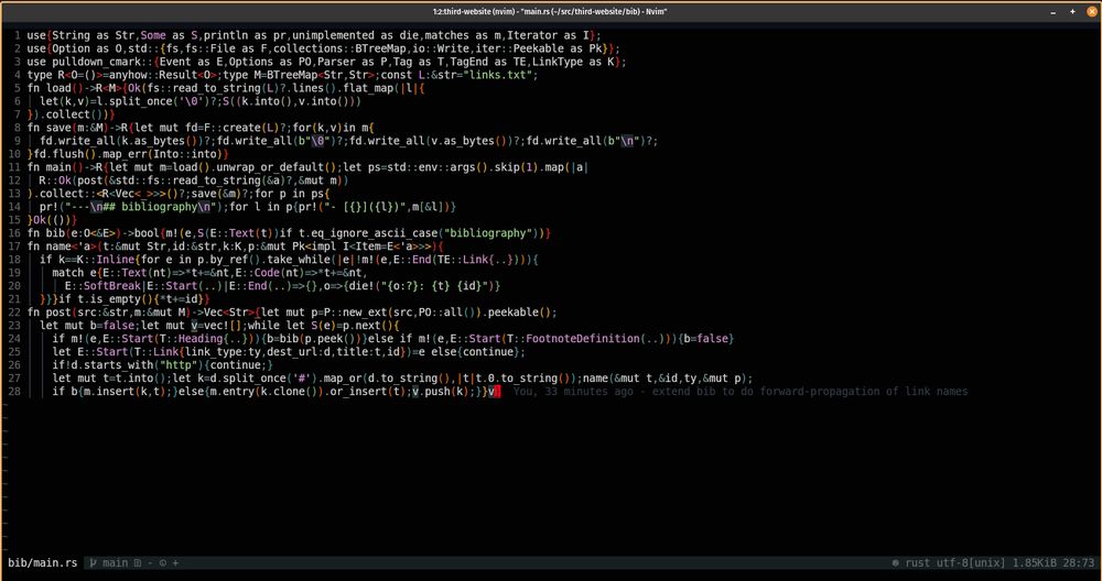 28 lines of extremely dense rust code. All white space has been deleted except for 2-column tab indentation. most variables are one or two letters, and many items from the standard library have been abbreviated to the same length. multiple statements appear on the same line, and often loops appear on the same line as other code. the file name is “bib/main.rs”.