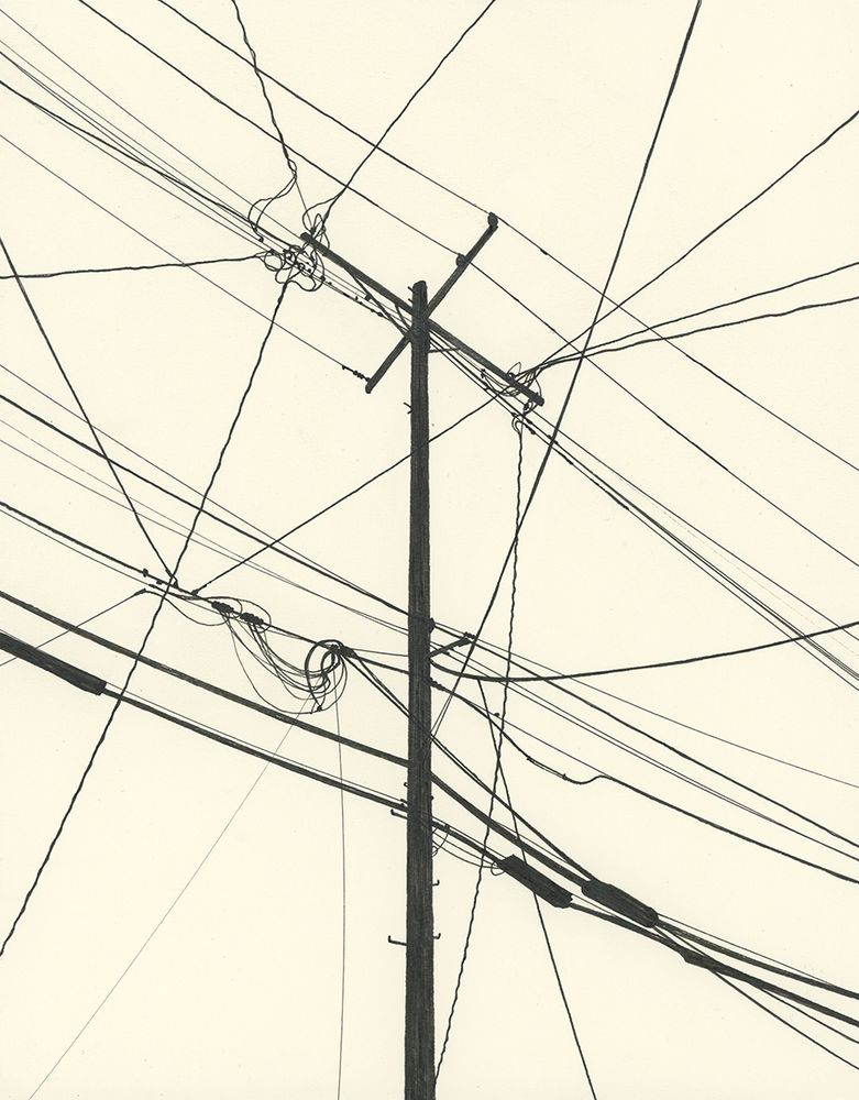 Black ink drawing, silhouette of a utility pole and power lines