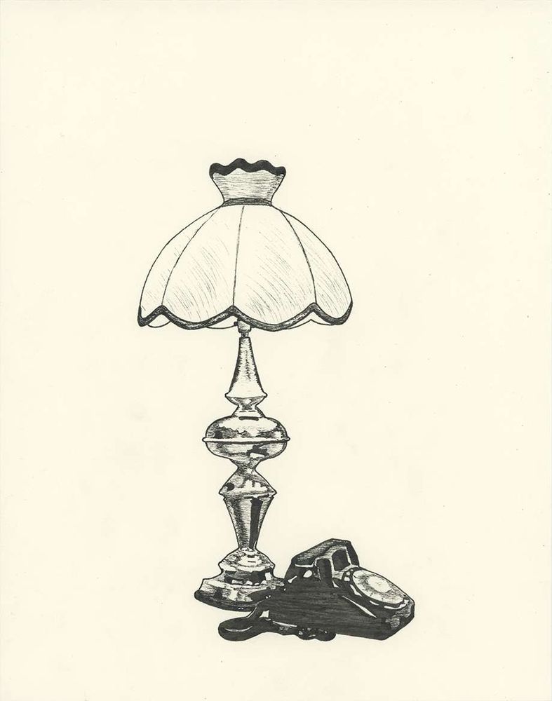 Black ink drawking of a table lamp next to a rotary telephone