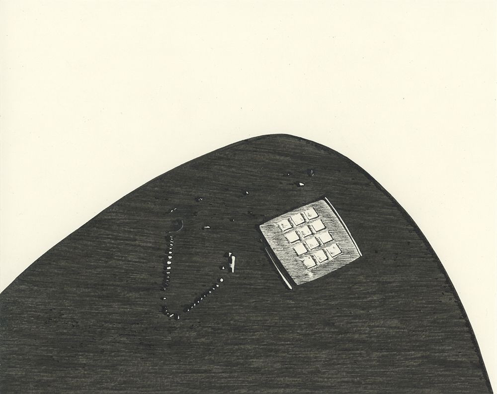 Black ink drawing of a shiny black desk telephone with push button dial pad sitting on a black table so you can barely see it
