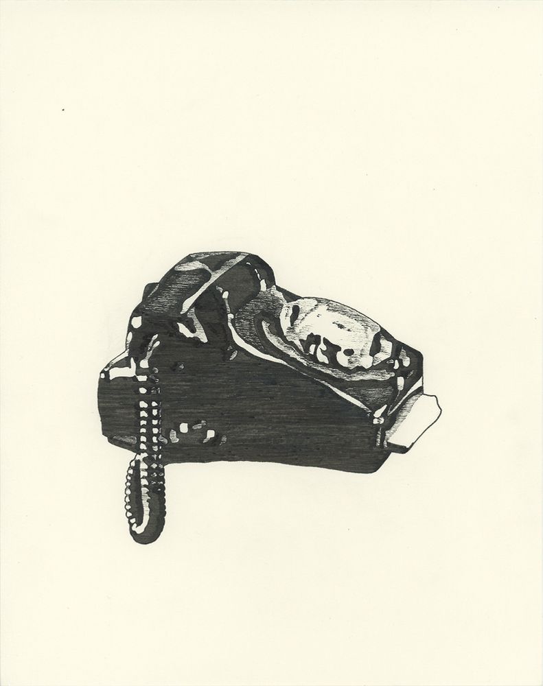 Black ink drawing of a shiny black desk telephone with a rotary dial with a little notebook sticking out the front like a tongue
