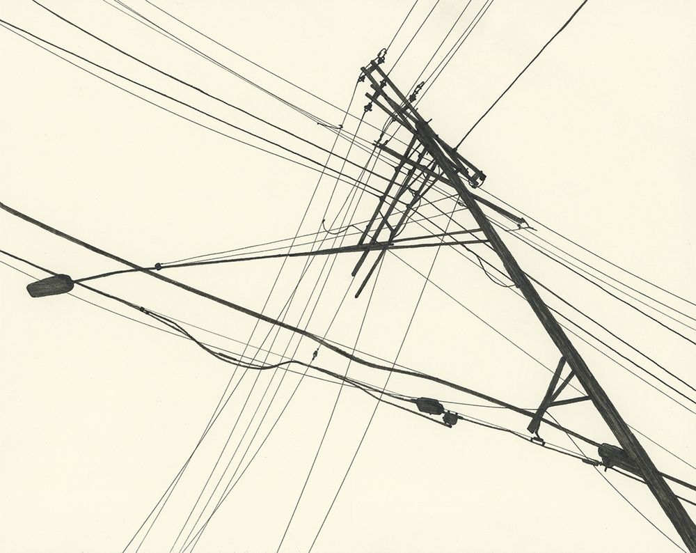 Black ink drawing, silhouette of a utility pole and power lines
