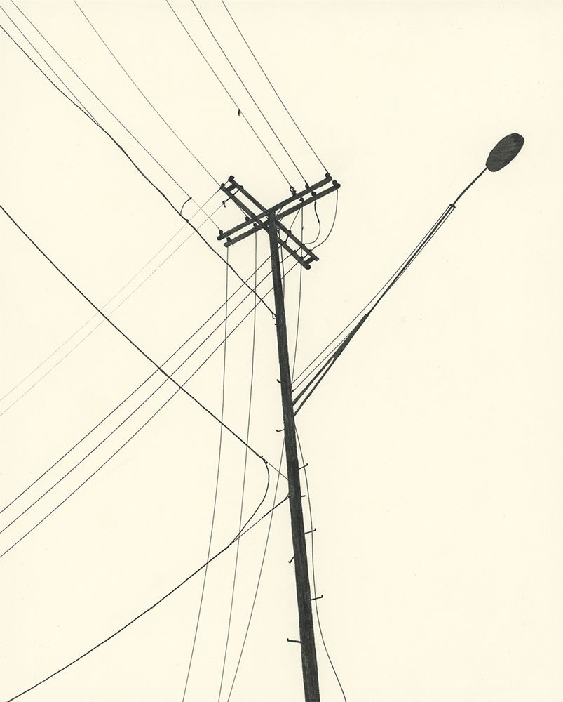 Black ink drawing, silhouette of a utility pole and power lines