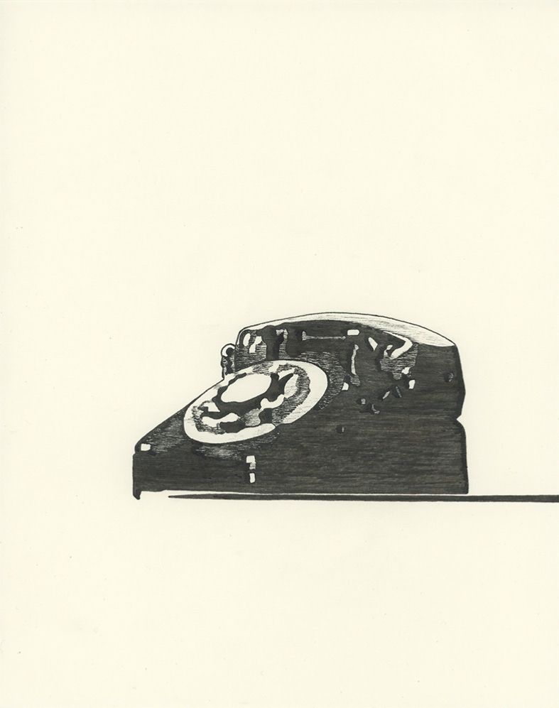 Black ink drawing of a shiny black desk telephone with a rotary dial, drawn as if a little less in focus