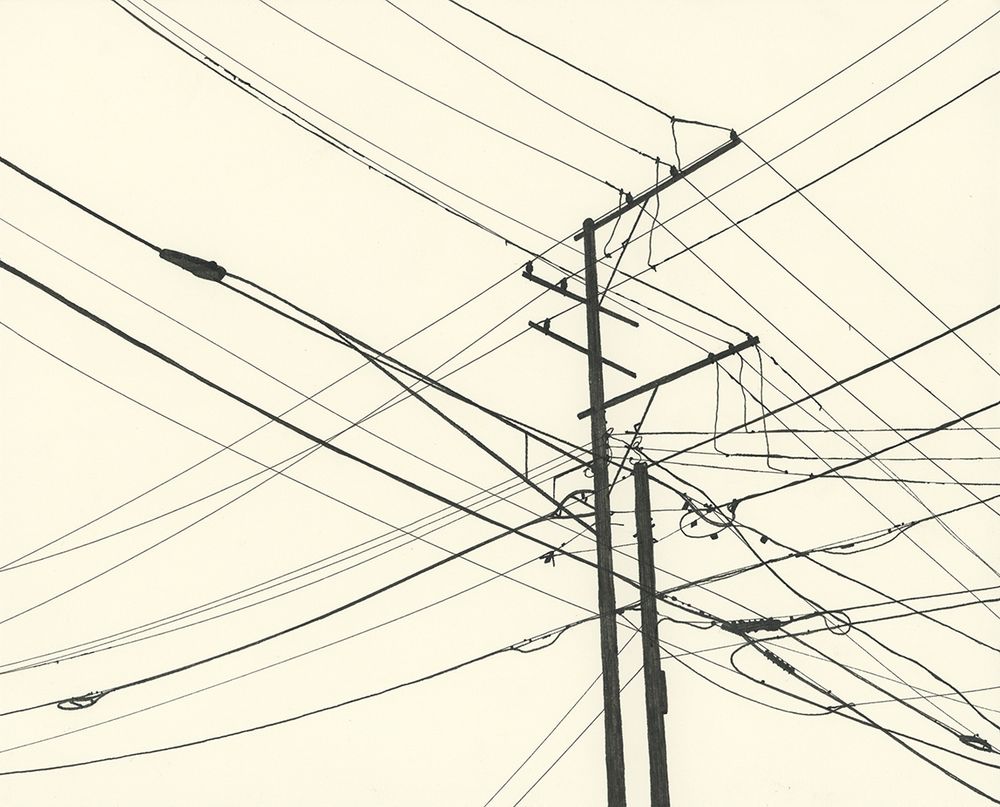 Black ink drawing, silhouette of a utility pole and power lines