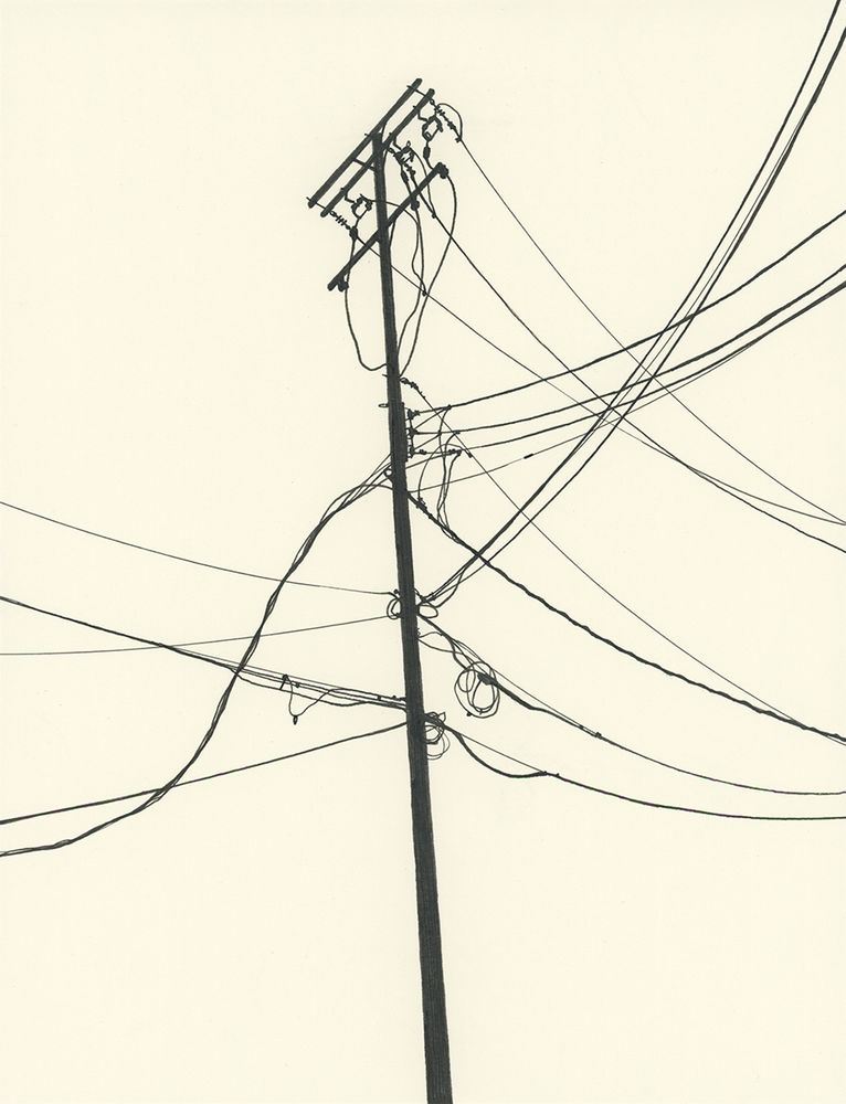 Black ink drawing, silhouette of a utility pole and powerlines