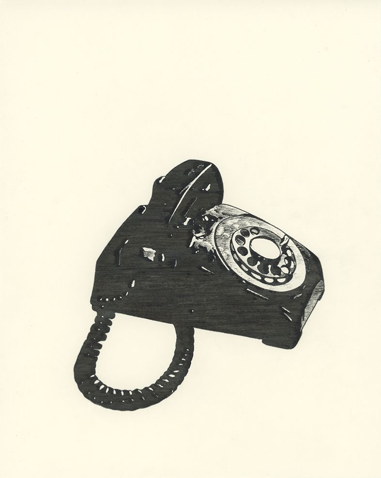 Black ink drawing of a shiny black desk telephone with a rotary dial