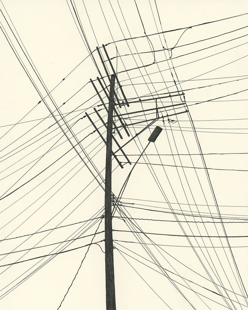 Black ink drawing, silhouette of a utility pole and power lines