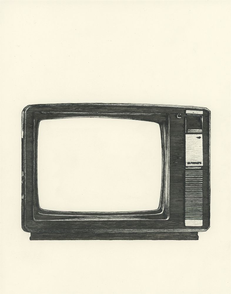 Black ink drawing of a boxy old CRT television