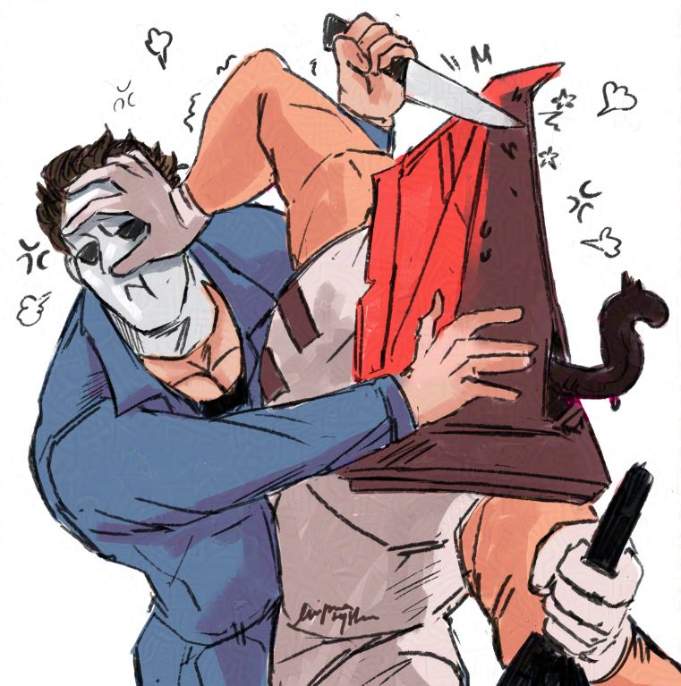 Michael Myers from the Halloween movies and Pyramid Head from Silent Hill2 squabbling.