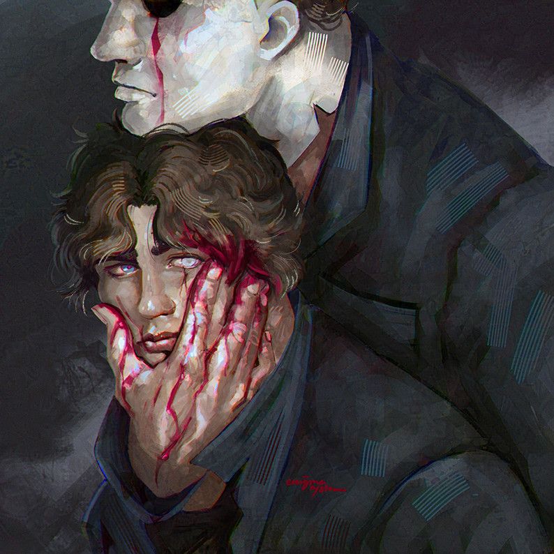 A fanart of slasher icon Michael Myers with and without his mask. 