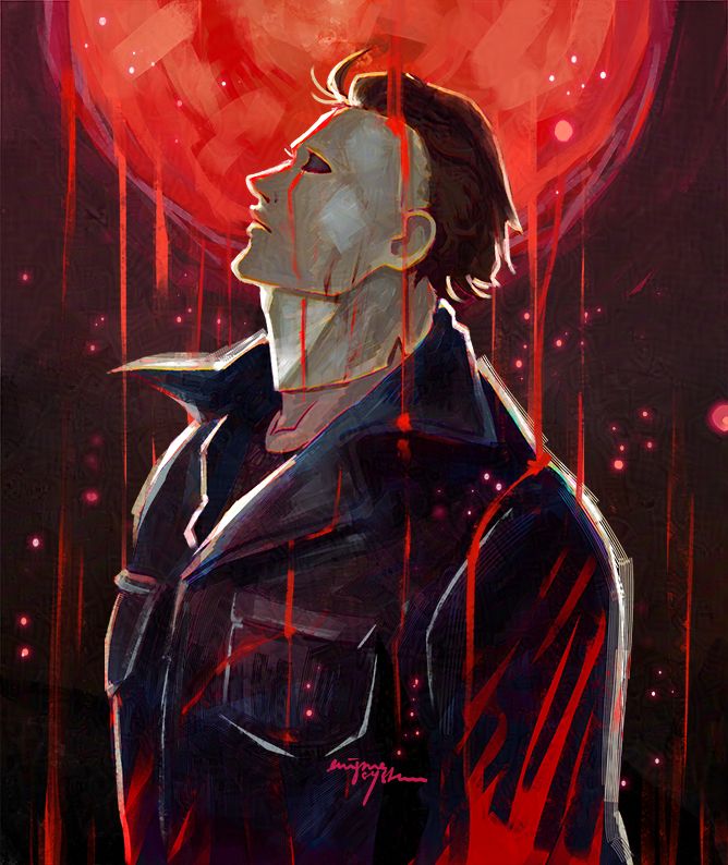 Michael Myers from the Halloween movies standing under a blood moon, looking up. Blood is dripping down on him. 