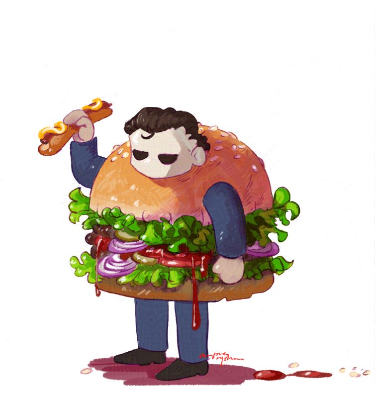 Michael Myers from the Halloween movies in a Burger costume (that seems very much real). He is holding a hot dog like he is about to stab someone with it. 