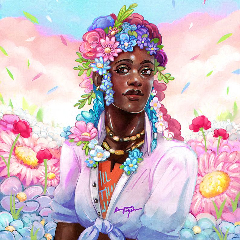 Orela Rose from the game dead by daylight surrounded by a sea of flowers and wearing a flower wreath.