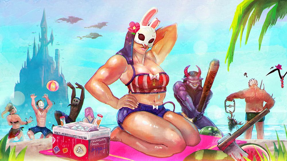 A summer themed dead by daylight fanart. You can see some killers hanging out on the beach. The legion playing with a ball in the water, The huntress being the main focus of the piece posing in the foreground in a vintage two-piece swimsuit. In the background you can see the oni in the minotaur skin trying to smash a watermelon with a giant bat. The trapper is there too, finding a small dredge crab on one of his traps. 