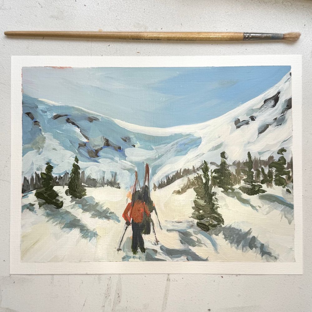 ravine painting with two people climbing into the bowl with skis on their backs