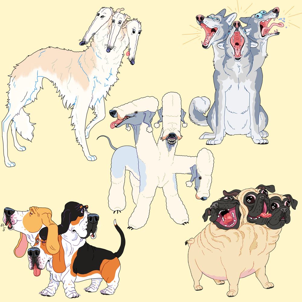 5 different Cerberus (3 headed dogs) of varying breeds: borzoi, husky, bedlington terrier, basset hound, and pug