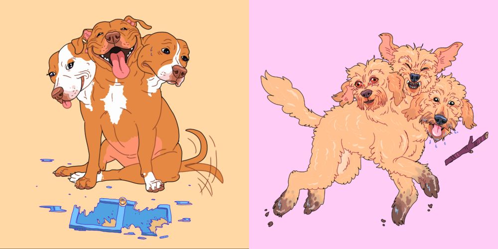 1. A Cerberus pitbull sits in front of a half eaten door. Two heads smile brightly while one guiltily tries to avoid eye contact. Jury's still out on who did this.

2. A Cerberus golden doodle gleefully fetches a stick. All three heads look somewhat different, perhaps because they're backyard bred. Regardless of differences, their faces are always sopping wet.
