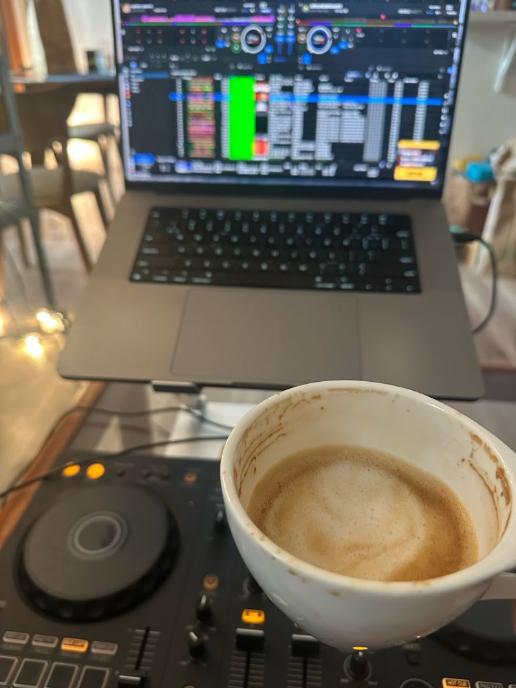 dj deck with homemade latte