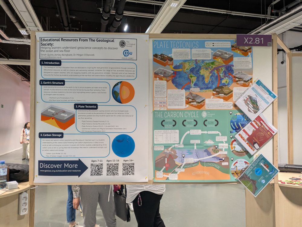 A poster board at a conference with two GSL posters on display, one on plate tectonics and another on the carbon cycle 