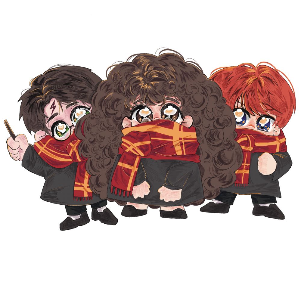 해리, 헤르미온느, 론이 목도리를 두르고 호그와트 교복을 입은 채로 서있다.