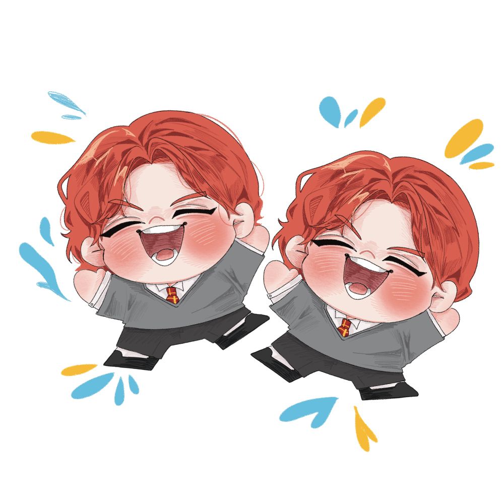 조지 위즐리/프레드 위즐리가 신난 표정으로 뛰어놀고 있다.