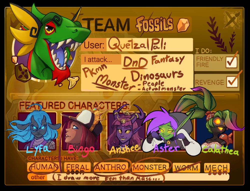 An Art Fight profile image for Team Fossils, featuring Quetzal Pali and his characters Lyfa, Bingo, Anshee, Aster, and Calathea.