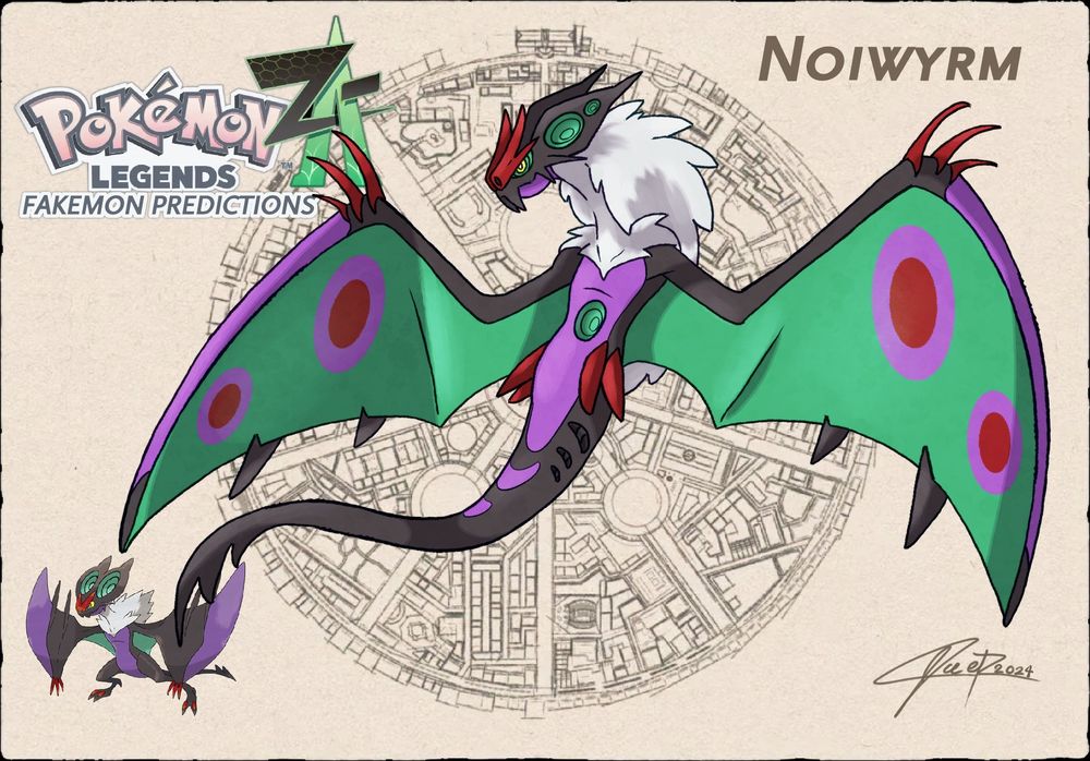 Noiwyrm, a proposed regional evolution for Noivern. It "lost" most of its hind legs in favor of larger wings and its patterns resemble a whole "surround sound system" compared to Noivern's two "stereo" ears.