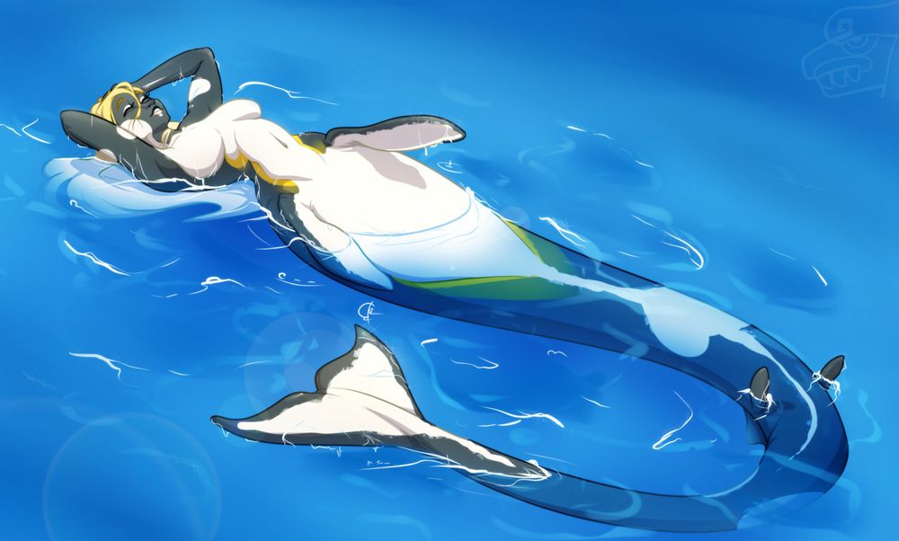 A Basilosaurus mermaid lounges on the ocean surface, possibly very shallow water. The elements of Basilosaurus in layman's terms look like an elongated, more slender version of a whale or orca.